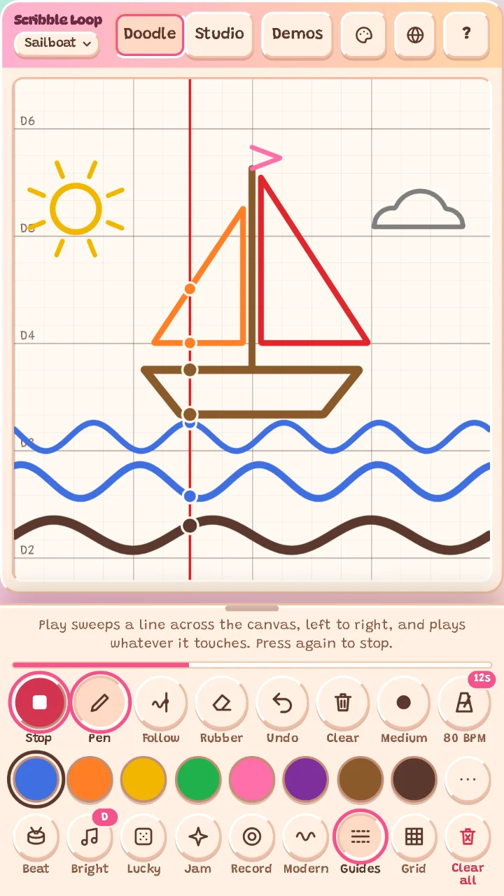 Scribble Loop playing a drawing of a sailboat on the sea