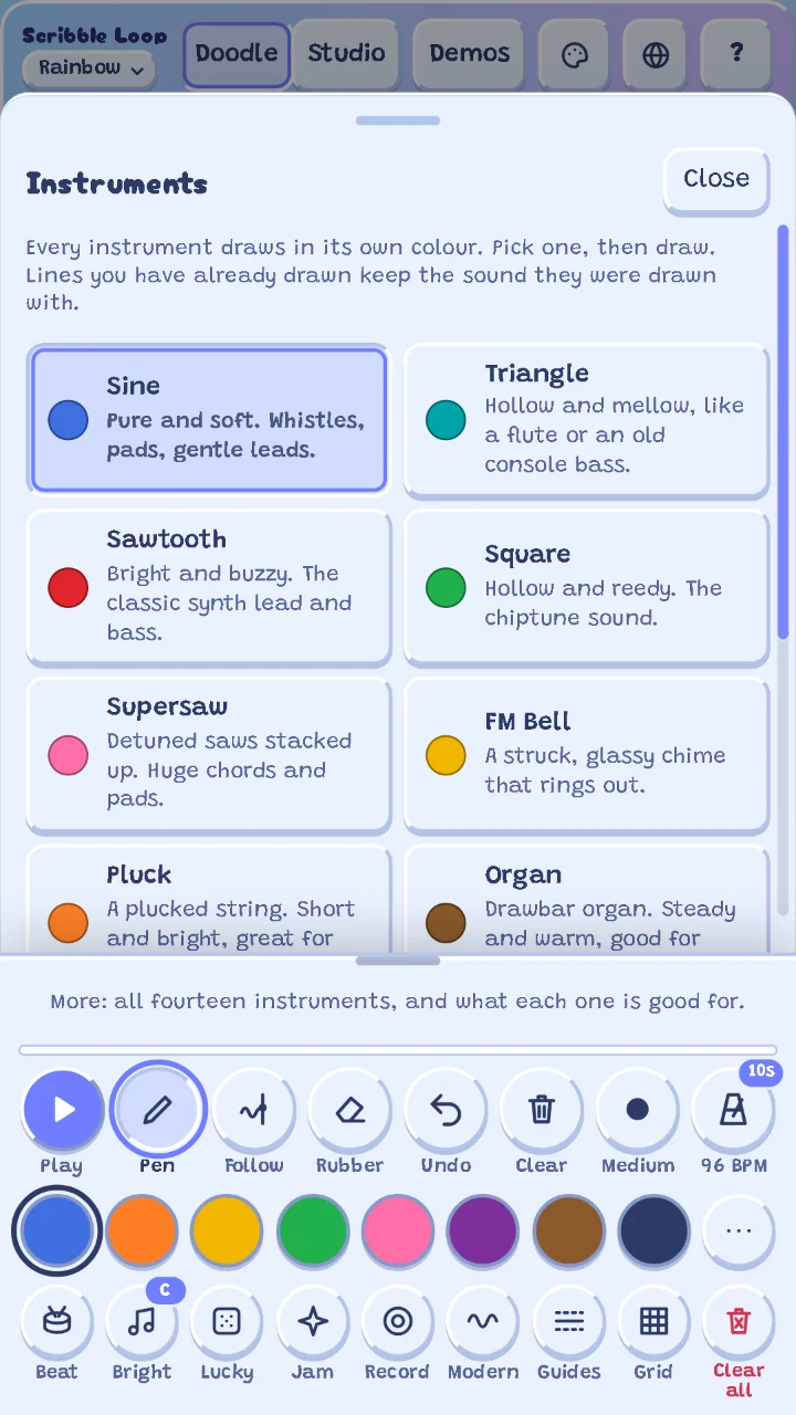 The Instruments sheet: Sine, Triangle, Sawtooth, Square, Supersaw, FM Bell, Pluck and Organ