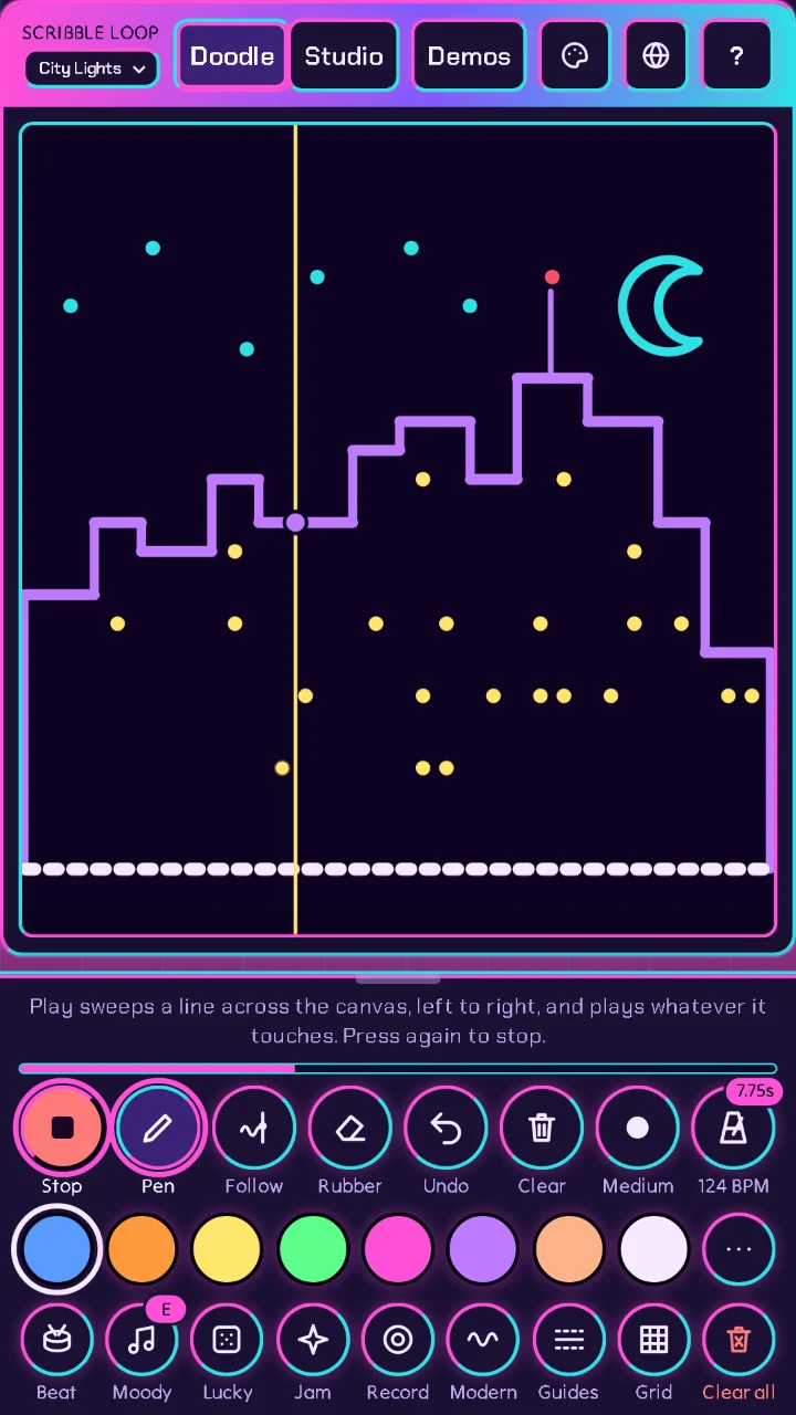 A neon skin playing a drawing of a city at night