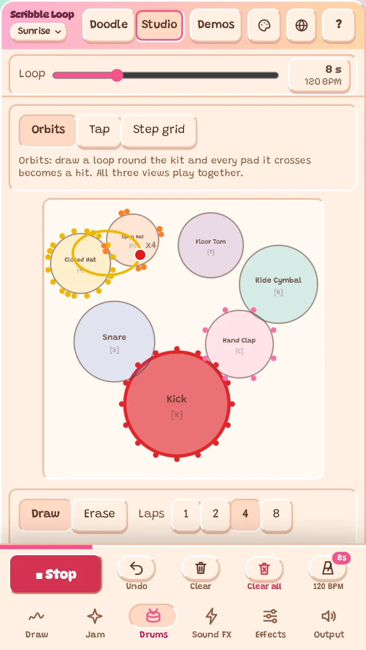 The drum kit with two orbit loops drawn round the pads