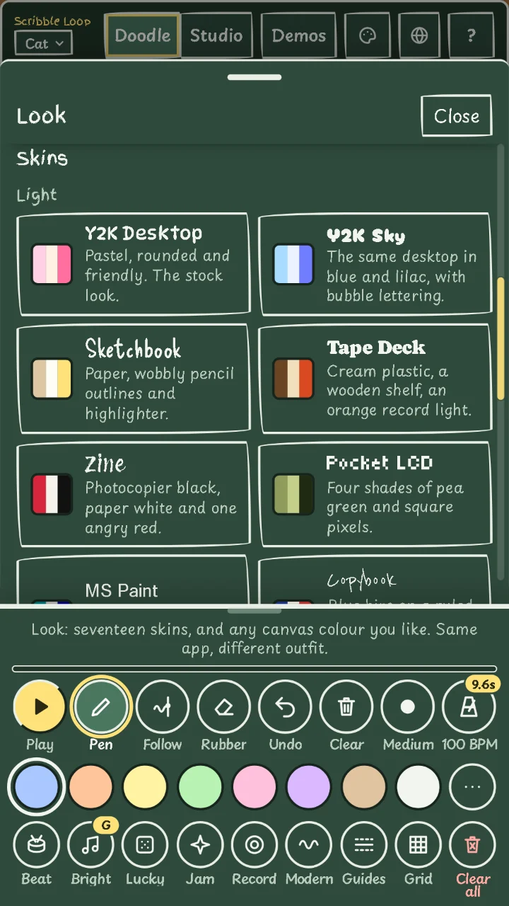 The Look sheet listing skins on a chalkboard theme